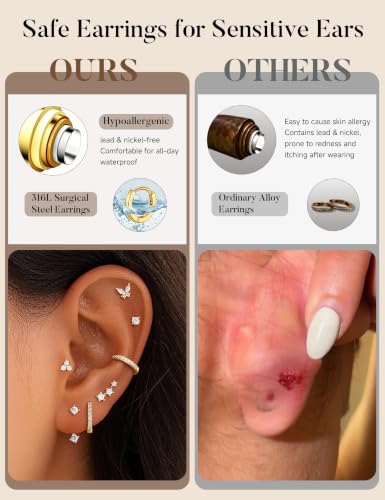 M MOOHAM Hypoallergenic Earring Jacket Stacks - 7 Pairs 14K Gold Plated Flat Back Earrings Dainty Huggie Hoop Cartilage Helix Earring Jacket, Fashion Accessories Western Jewelry Gifts - color: 14K Gold Plated