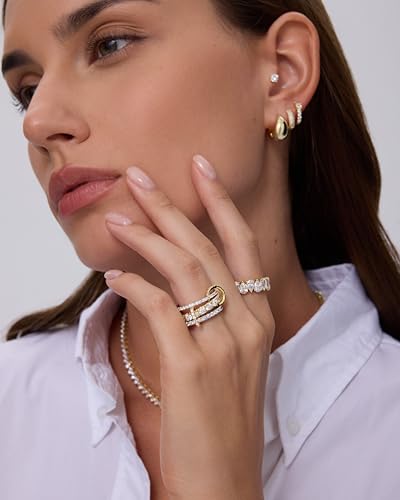 PAVOI 14K Gold Plated Interlocking Ring for Women - Chunky Connected Bands Interlock Stackable Rings for Women - Trendy Cubic Zirconia Two Tone Interlocked Multi-Band Statement Jewelry - style: Triple Bands & CZ - Two Toned