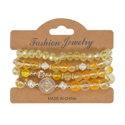 Boho Beaded Bracelet Set for Women - 4 Pcs Multilayer Stackable Crystal Glass Bead Bracelets with Faux Pearl Elastic Stretch Fashion Jewelry for Daily Wear, Beach, Party & Gifts - color: Yellow