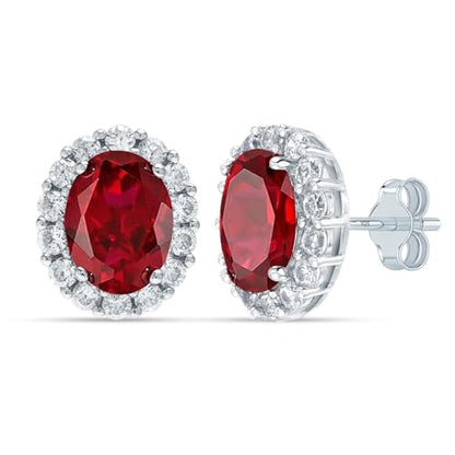 LeCalla 925 Sterling Silver Cubic Zirconia Stud Earrings for Women | Classic CZ Silver Earrings Jewelry | Birthday Anniversary Valentine’s Day Gift for Her, Wife, Mom - color: Oval Halo CZ Ruby