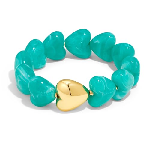 WOWORAMA Chunky Beaded Bracelets for Women Colorful Large Square Beads Bracelet Boho Acrylic Resin Stretch Bracelets Statement Chunky Bracelet Summer Jewelry - color: Heart-Blue
