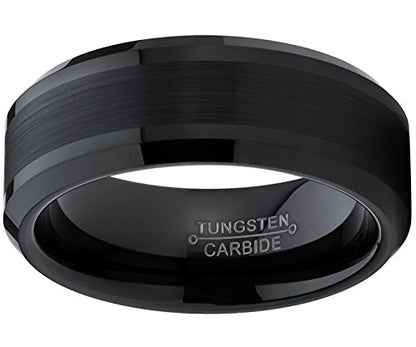 Tungsten Carbide Men's Black Brushed Center Wedding Band Engagement Ring, 8 mm Comfort Fit