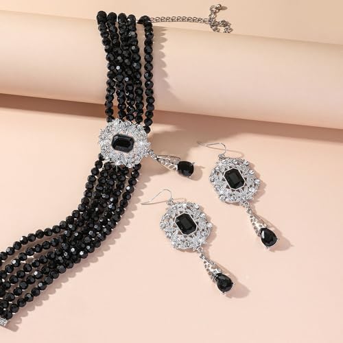 Missgrace Women Silver Black Green Red Rhinestone Crystal Tassels Bridal Necklace Earrings Sets Teardrop Necklace Dangle Earrings Set for Wedding Brides Bridesmaid - color: Silver Black
