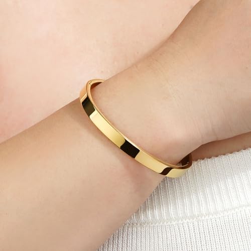 Waterproof Gold Bangle Bracelet sets for Women, 18K Gold PVD Plated Stainless Steel Stackable Bracelets Non Tarnish Oval Design, Minimalist Trendy Premium Jewelry - color: Gold