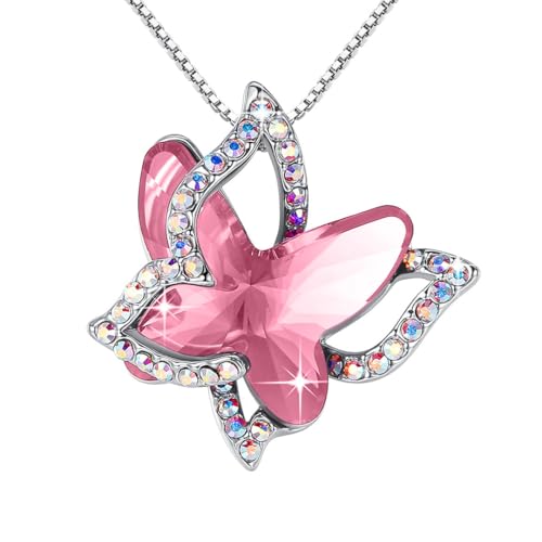 Butterfly Necklace, Birthstone Crystal, for Women, Silver Tone Pendant Jewelry, Anniversary Birthday Gift for Her, Wife & Mom, 18"+2" - color: 10-October Birthstone - Light Rose Pink Crystal