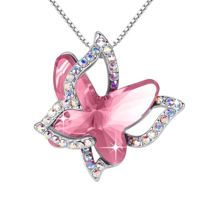 Butterfly Necklace, Birthstone Crystal, for Women, Silver Tone Pendant Jewelry, Anniversary Birthday Gift for Her, Wife & Mom, 18"+2" - color: 10-October Birthstone - Light Rose Pink Crystal