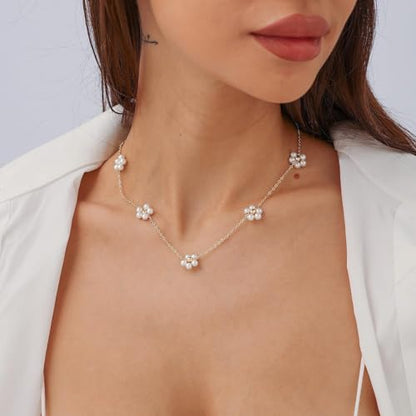 Dainty Pearl Necklace for Women Gold Plated Bridal Wedding Jewelry Trendy Cute Lariat Pearl Pendant Drop Charm Choker Stackable Necklace Gift for Women Mom Sister Daughter - color: G.Gold Daisy Pearl