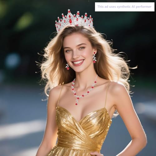 Kamirola Tiaras and Crowns for Women,Tiaras Earrings Necklace, Crystal Bridal Jewelry Set (TR48) - color: Silver Red