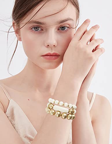 LALAPPLE Gold Plated Beaded Acrylic Bamboo Tube Bangle Bracelets for Women, Colorful Chunky Curved Tube With Gold Plated Pieces Beads Stretch Bracelet Friendship Summer Beach Jewelry - color: A-Ivory-gold beaded 3pcs