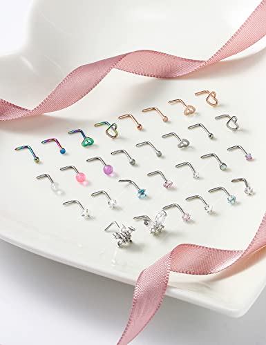 Prjndjw 20G 18G Nose Rings Studs Surgical Steel Nose Stud Glow Dark Heart Opal CZ Flower Nose Piercing Jewelry Nose Rings for Women Straight Screw L Shaped Nose Rings Hypoallergenic Nose Piercing Kit - color: 20G-L Shape nose rings