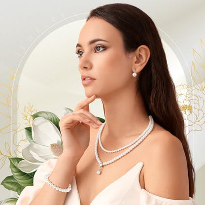 Glenmal Pearl Rhinestone Jewelry Set for Women Pearl Necklace Bracelet Earrings for Wedding Halloween Bridal Shower Tea Party - style: Gorgeous Style