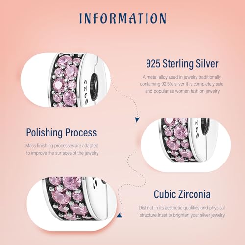Clip Stopper Spacer Charms for Bracelets Necklaces, Compatible with Pandora,Jewery Making DIY - style: Pink Pavé Clip