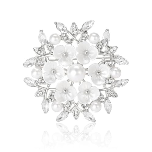 Shell Pearl Flower Flower Wreath Rhinestones Statement Brooches Lapel Pins for Women Girls Fashion Dainty Gold Tone Crystal Floral Brooch Pin for Dresses Suit Wedding Party Trendy Jewelry - color: Silver