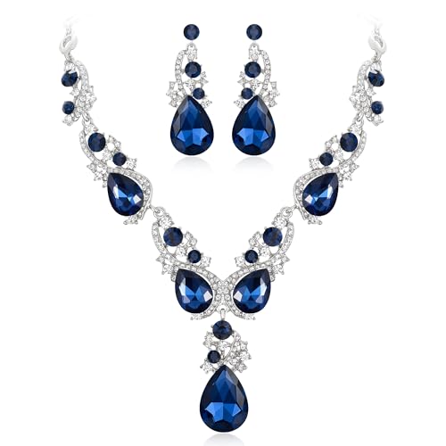 Women's Wedding Bridal Crystal Multi Teardrop Cluster Statement Necklace Dangle Earrings Set - color: 01-Navy Blue Silver-Tone