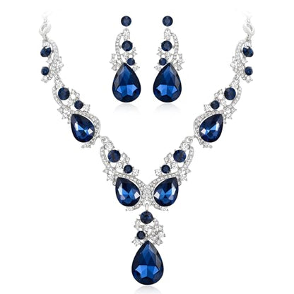 Women's Wedding Bridal Crystal Multi Teardrop Cluster Statement Necklace Dangle Earrings Set - color: 01-Navy Blue Silver-Tone