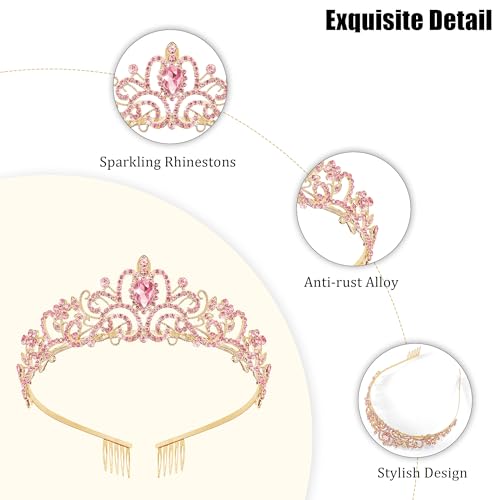 TAROSE Tiaras for Women, Birthday Crown and Sash for Girls | Birthday Sash Sunglasses Outfit, Birthday Gift for Women Girls, Goddess Crown Bride/Halloween/Prom/Party/Costume - color: 1 I. Gold+full Pink