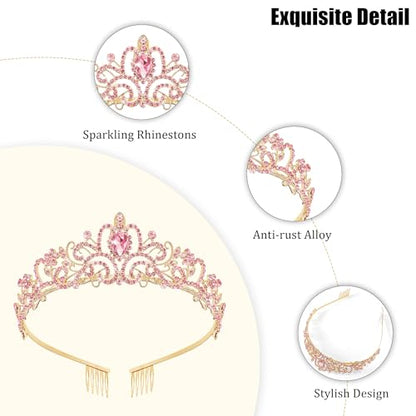 TAROSE Tiaras for Women, Birthday Crown and Sash for Girls | Birthday Sash Sunglasses Outfit, Birthday Gift for Women Girls, Goddess Crown Bride/Halloween/Prom/Party/Costume - color: 1 I. Gold+full Pink