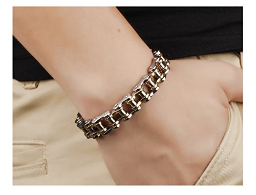 jonline24h Mens Womens Stainless Steel Motorcycle Biker Chain Heavy Bracelet Rock Link Wristband - color: Gold Silver