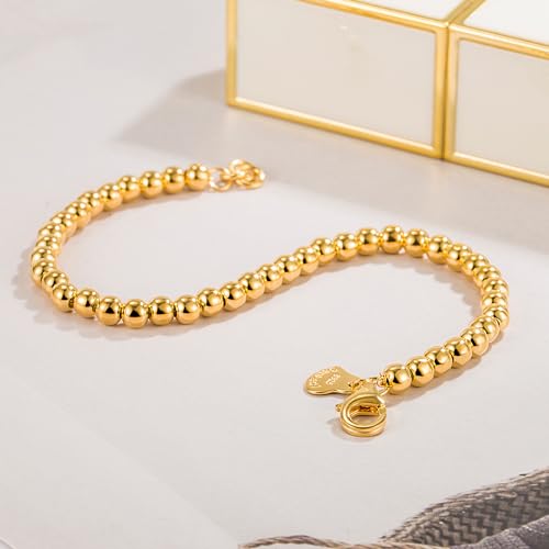H&Beautimer 925 Sterling Silver 4-10MM Ball Chain Bracelet For Women's - Italian Handmade Bead Chain Bracelet 5''5.7''6.3''6.7''7.5''8''8.3''8.5''9 Inch Rose Gold Party Jewelry - color: 4MM Gold, size: 7 inches