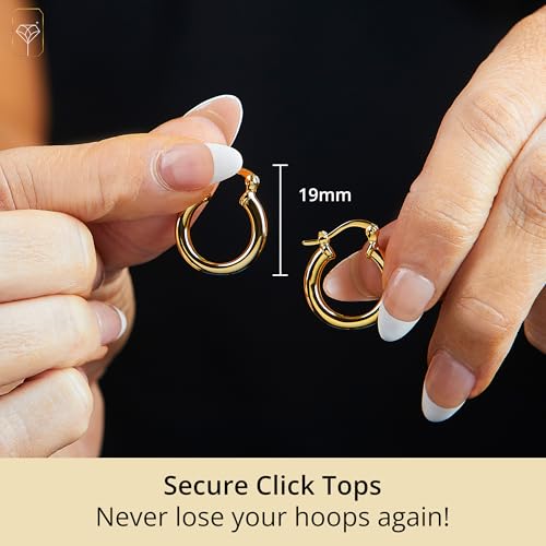 14k Yellow Gold Plated Hoop Earrings for Women with Click Top | Anti Tarnish Lightweight Chunky 14K Gold Hoop Earrings | Hypoallergenic Gold Plated Earrings 0.6 to 1.2 Inches by MAX + STONE - style: Polished 3mm