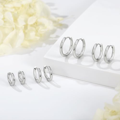 Silver Gold Hoop Earrings for Women Men, 316L Surgical Stainless Steel Huggie Hoop Earrings Set Hypoallergenic Small Cartilage Earrings Lightweight Hoop Earrings Huggie Set - color: 4 Pair Small Silver-8/10/12/14mm