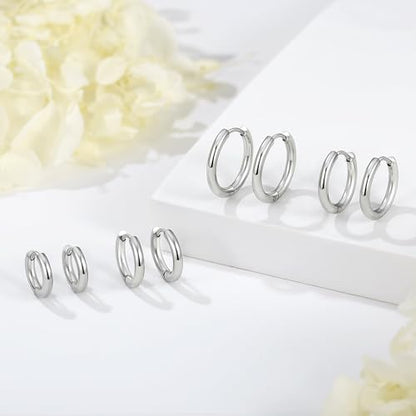 Silver Gold Hoop Earrings for Women Men, 316L Surgical Stainless Steel Huggie Hoop Earrings Set Hypoallergenic Small Cartilage Earrings Lightweight Hoop Earrings Huggie Set - color: 4 Pair Small Silver-8/10/12/14mm