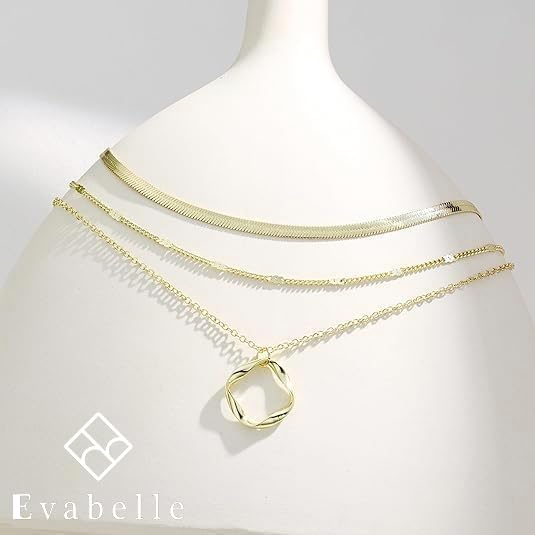 Evabelle Gold Layered Necklace for Women Trendy Jewelry 14K Real Gold Plated Chunky Chain Stackable Necklaces Dainty Choker Necklaces Rectangle Square Pendant - color: Gold Necklace 28
