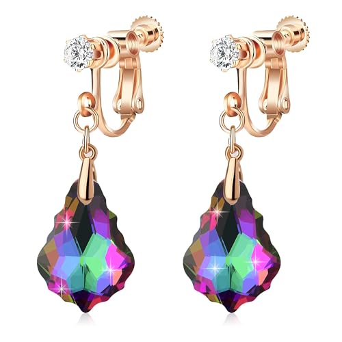 Austrian Crystal Baroque Drop Clip On Dangle Earrings for Women Non Pierced 14K Rose Gold Plated Hypoallergenic Jewelry - color: Vitrail Medium