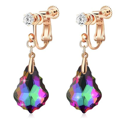 Austrian Crystal Baroque Drop Clip On Dangle Earrings for Women Non Pierced 14K Rose Gold Plated Hypoallergenic Jewelry - color: Vitrail Medium