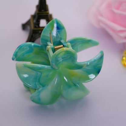 Flower Hair Clips for Women Girls Claw Clips Set Emerald-Green Plumeria with Marble Design Barrettes Summer Hair Clip Fashion Hair Styling Accessories for Thick Thin Hair(3Pcs:1Large 2Small) - color: Emerald-Green