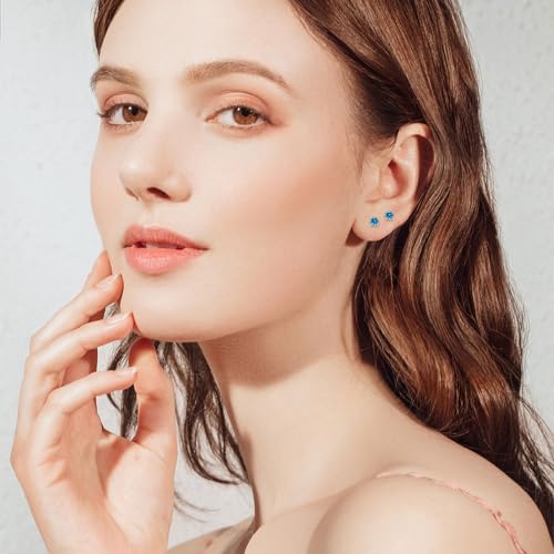Flatback CZ Helix Earrings for Women Girls,3mm Tiny Screw Back Birthstone Stud Earrings Cartilage Tragus Piercing Jewelry Gift