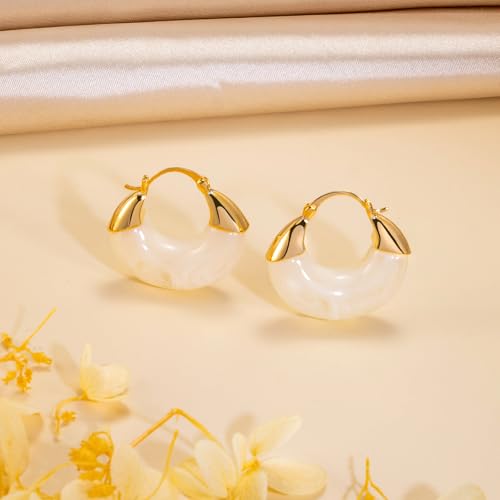 LAXPICOL Gold Chunky Dangle Earrings For Women Resin Stone Earrings Hoop Earrings, 18k Plated Oval Resin Stone Statement Earrings for Women Unique Dangling Teardrop Baroque Huggies Hoop Earrings - color: white-Teardrop 2