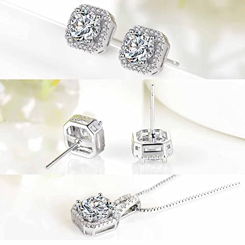 4pcs Set Zirconia Pendant Necklace Earrings Ring Bangle Set Silver Crystal Fashion Adjustable Zircon Jewelry for Women Wife Party Prom Engagement Wedding Gifts - style: Modern
