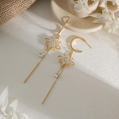 14K Gold Plated CZ Flower Dangle Earrings for Women, Sparkly Cubic Zirconia Long Tassel Drop Earrings, Bridal Wedding Jewelry - color: C:Flower Pearl Earrings
