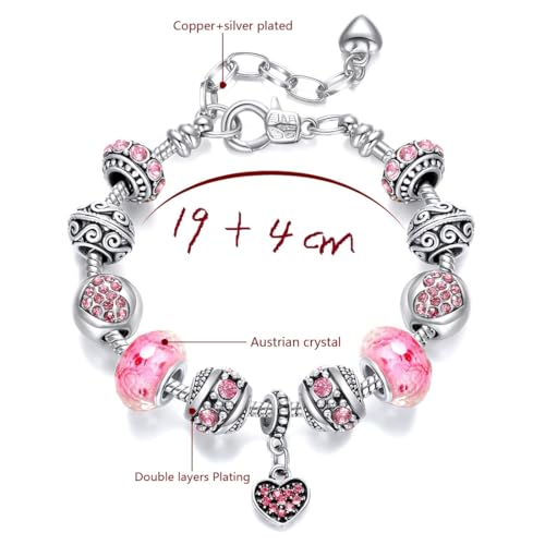 Pink Hearts Silver Plated Charm Bracelet, DIY Jewelry for Women with Beads, Charms, and Adjustable Snake Chain, Fits 7.5"+1.5" - color: Pink, size: 19cm