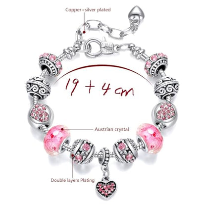 Pink Hearts Silver Plated Charm Bracelet, DIY Jewelry for Women with Beads, Charms, and Adjustable Snake Chain, Fits 7.5"+1.5" - color: Pink, size: 19cm