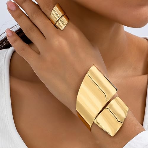 Gold Jewelry Sets for Women Bangle Ring Set Chunky Bangle Bracelet And Ring Statement Jewelry Set for Women - style: Gold-A