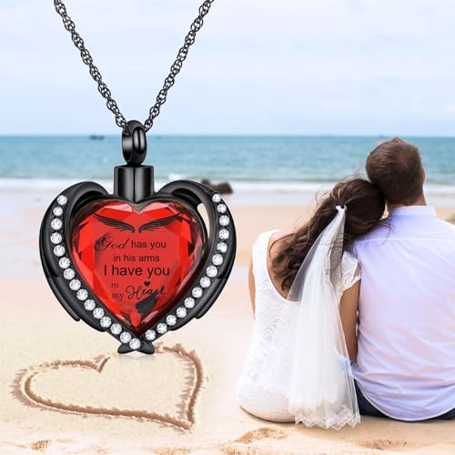 shajwo Cremation Heart Urn Necklace Ashes Jewelry for Women Men Keepsake Pendant Memorial Locket Ash Holder - color: Wing-G Red