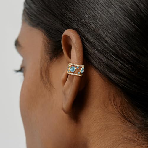 Ear Cuff Earrings for Women 14K Gold Plated Created Turquoise Cubic Zirconia Sparkling Boho Hollow Huggie Ear Cuffs Non Piercing | Clip On Cartilage | Single - color: Turquoise Blossom