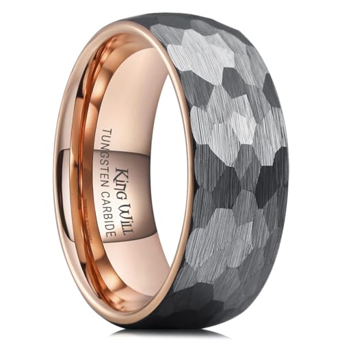 King Will Men's Tungsten Carbide Wedding Ring Hammered Groove Wedding Band Mens Two Tone Engagement Ring for Men and Women Matte Brushed Finish Comfort Fit - color: A 8MM Rose Gold-Silver