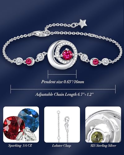 FANCIME Birthstone Bracelets 925 Sterling Silver Moon and Star Bangle Charm Bracelet Fine Jewelry Anniversary Birthday Mothers Day Gifts for Mom Her Women, Adjustable Chain 6.7"+1.2" Extend - color: link-7-ruby