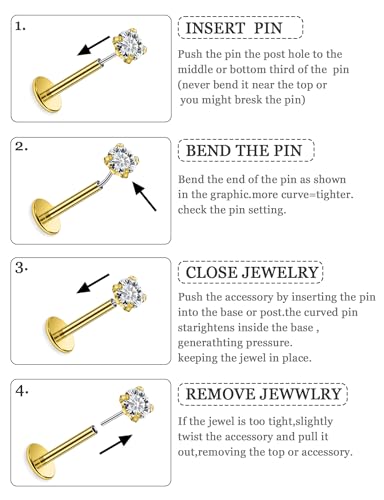 20G 18G 16G 14K Gold Filled Threadless Flat Back Earrings Studs Surgical Stainless Steel Opal CZ Nose Rings Studs Tragus Helix Conch Cartilage Earrings Piercing Jewelry For Women Men Silver - color: 14K Gold Filled, size: 16 Gauge-6MM Bar