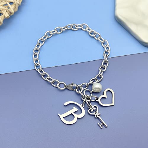 Initial A-Z Bracelets Gift for Women Girls Stainless Steel Chain Bracelet 26 Alphabet Jewelry Gifts for Birthday Anniversary Letter Bracelet Monogram Gifts for Sister Friend Girlfriends Mom 8.26 Inch - color: B