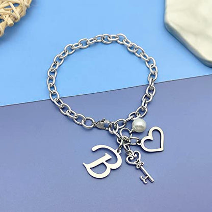 Initial A-Z Bracelets Gift for Women Girls Stainless Steel Chain Bracelet 26 Alphabet Jewelry Gifts for Birthday Anniversary Letter Bracelet Monogram Gifts for Sister Friend Girlfriends Mom 8.26 Inch - color: B