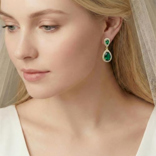 Mariell Cubic Zirconia Crystal Teardrop Dangle Bridal and Wedding Earrings, CZ Jewelry for Brides, Bridesmaids, Homecoming, Prom and Dressy Everyday Wear - color: Gold-Green Cubic Zirconia