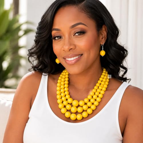 Simulated Pearl Necklace & Earring Set, Multi Strand - color: Yellow