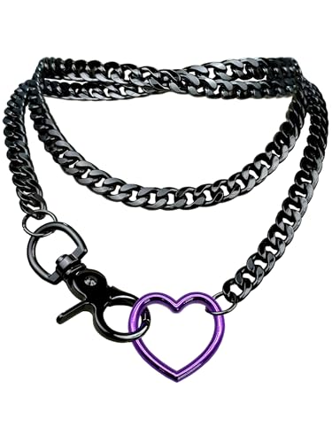 paloli Women's Slip Chain Rainbow Heart O-Ring Chunky Chain Necklace, Rays Cuban Long Layered Jewelry, Adjustable Lariat Y-Necklace Heart Loop Choker - color: F-Heart-Black-Purple