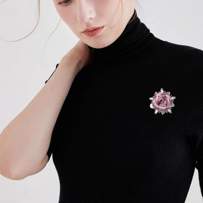 Handmade Elegant Red Rose Flower Brooch Pin for Women Crystal Pearl Fabric Flower Lapel Pin Dress Suit Accessories - color: Purple