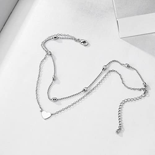 Pencros Dainty Layered Anklet,14K Gold Filled Cute Beads Satellite Chain Heart Boho Adjustable Anklets for Women - color: Layer Heart Silver