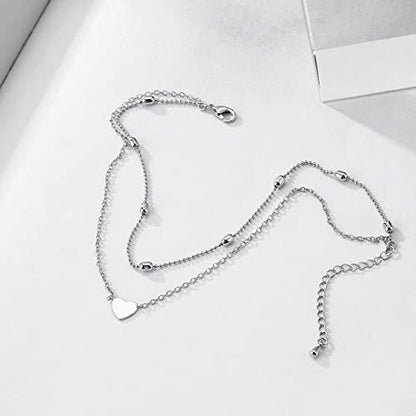 Pencros Dainty Layered Anklet,14K Gold Filled Cute Beads Satellite Chain Heart Boho Adjustable Anklets for Women - color: Layer Heart Silver